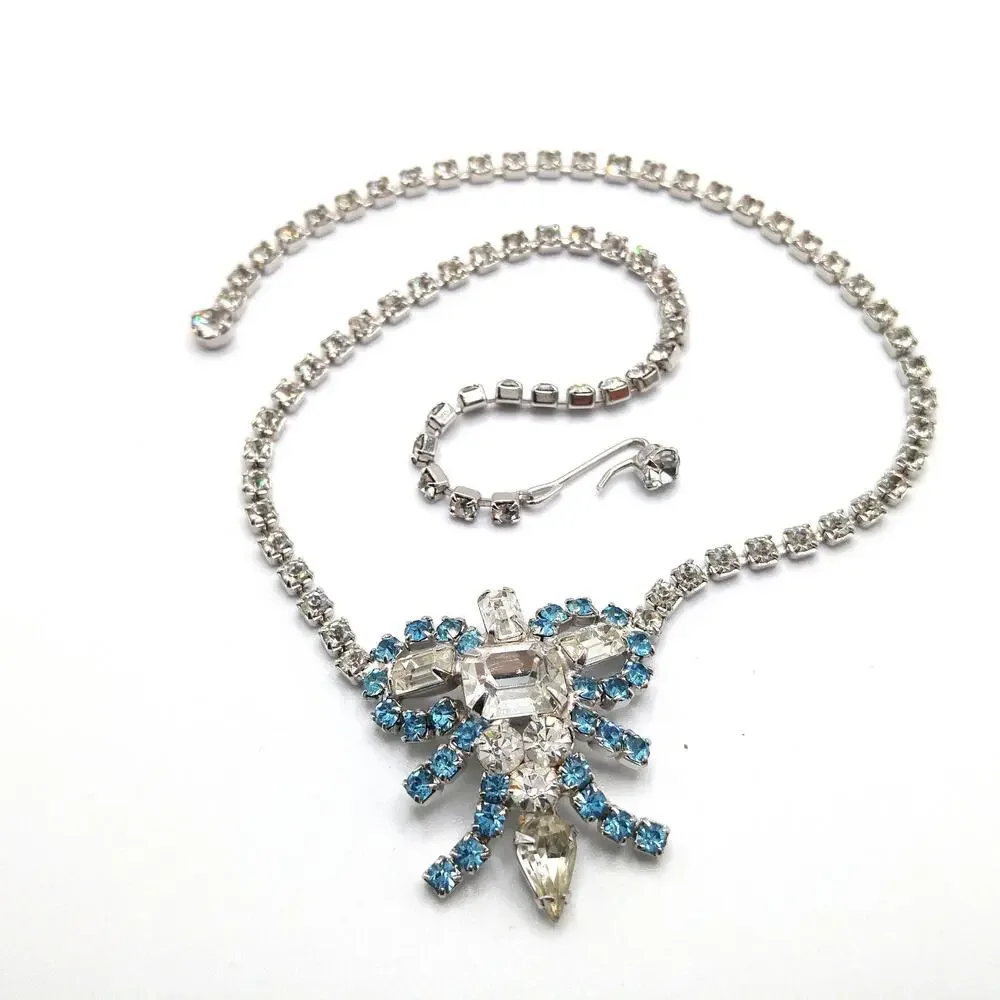 Mid-Century Turquoise Blue Clear Rhinestone Choker Necklace, Rhodium Plated